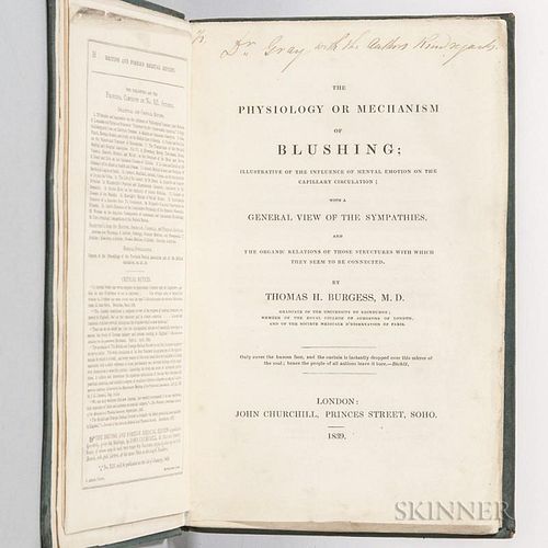 Burgess, Thomas H. (d. 1865) The Physiology or Mechanism of Blushing, Author's Presentation Copy. London: Churchill, 1839. Fi