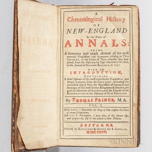 Prince, Thomas (1687-1758) A Chronological History of New-England in the Form of Annals.