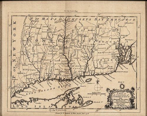 New England. Thomas Kitchin (1719-1784) A Map of the Colonies of Connecticut and Rhode Island.