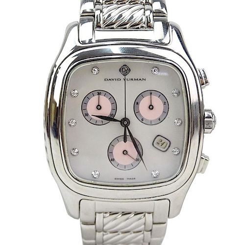 Vintage David Yurman Stainless Steel and Sterling Silver Chronograph Bracelet Watch with Mother of Pearl Dial, Diamond Hour M