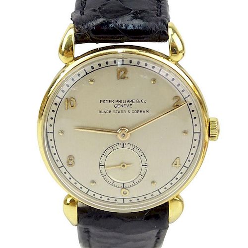 Vintage Patek Philippe for Black Starr & Gorham 18 Karat Yellow Gold Manual Movement Watch with Small Seconds Dial, Leather S