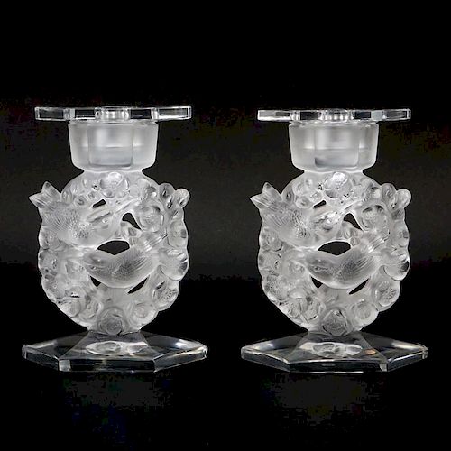 Pair of Lalique "Mesanges" Clear and Frosted Crystal Candlesticks with Inserts.