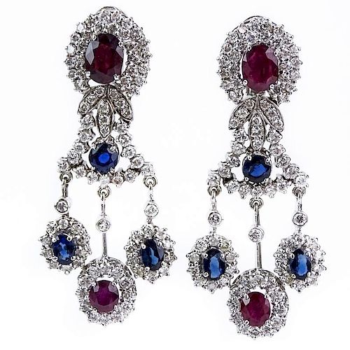Vintage Approx. 7.0 carat Round Brilliant Cut Diamond, Oval Cut Rubies and Sapphires and 14 Karat White Gold Chandelier Earri