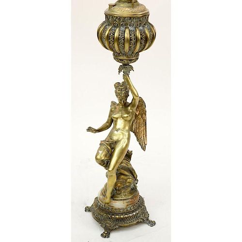 Large Mid Century Gilt Bronze and Onyx Winged Figural Piano Lamp Signed Beer.