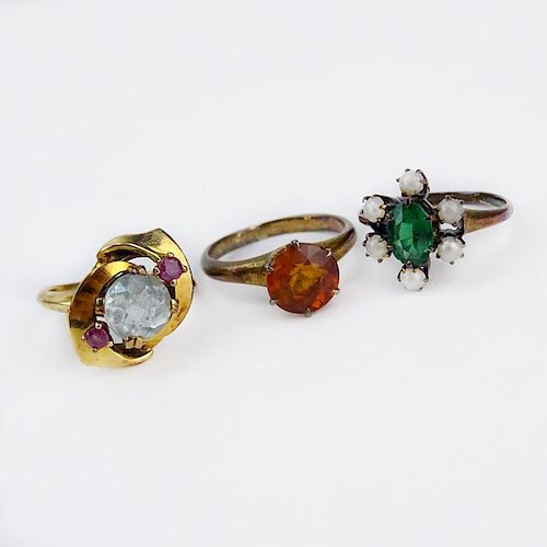 Three (3) Vintage 14 Karat Yellow Gold and Gemstone Rings Including Emerald, Citrine and Aquamarine.