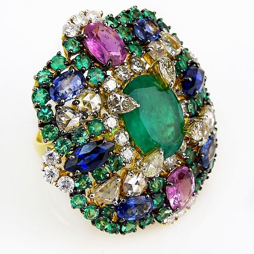 Contemporary Approx. 7.28 Carat Emerald, 5.92 Carat Multi Color Sapphire, 3.83 Carat Diamond and 18 Karat Yellow Gold Ring.