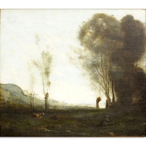 Attributed to: Jean-Baptiste-Camille Corot, French  (1796 - 1875) Oil on canvas “Barbizon Landscape”.