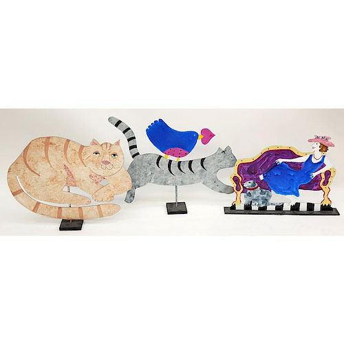 Judie Bomberger, American ( 20th C) Three Painted Sheet Metal Sculptures "Cat", "Friends" "Lady and Dog" Signed, dated '97, '