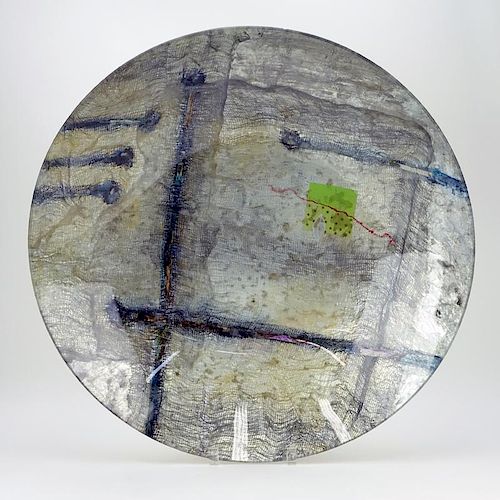 Very Large Contemporary Glass Decoupage Footed Center Bowl.