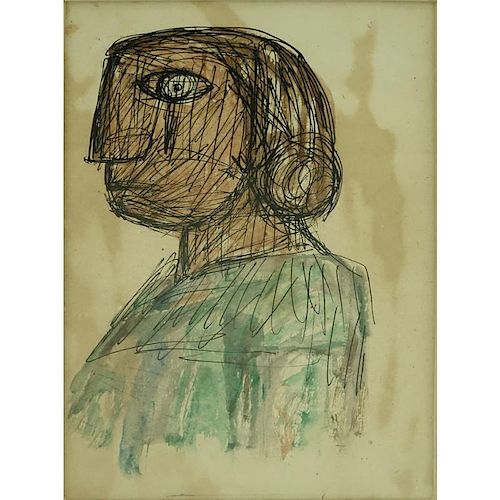 Leonidas Gambartes, Argentinean (1909-1963) Pen and Ink and Watercolor on Paper "Study of a Head".