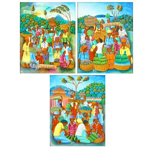 Three (3) Decorative Haitian Acrylic On Canvas Paintings "Market Scenes" Signed J. Paul.