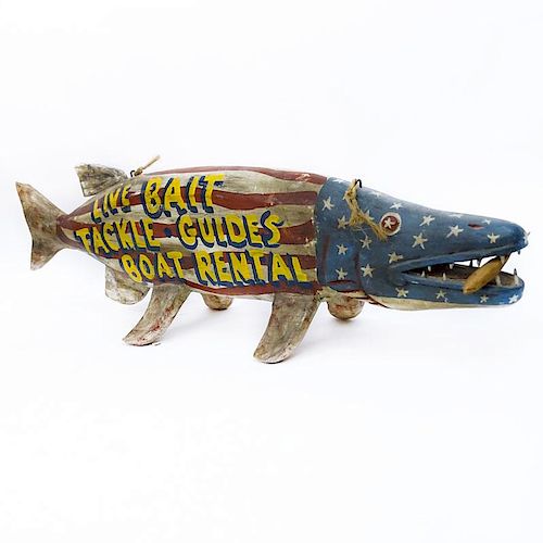 Large Wood Carved Fish Advertising Trade Sign. Inscribed "Chequamegon Bay, Ojibwa Indian Lac Du Flambeau", "Live bait tackle 
