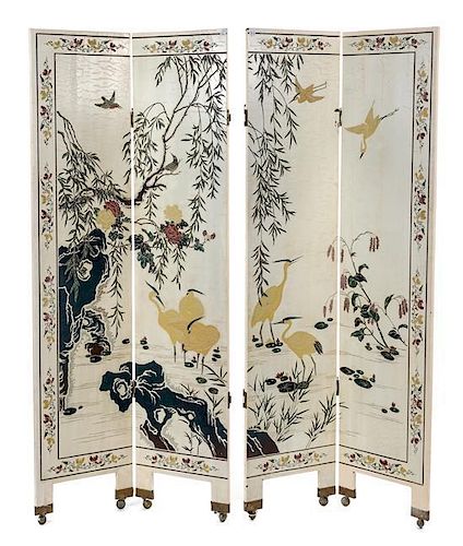 A White Lacquer Four-Panel Floor Screen Height 73 1/2 x width of each panel 15 7/8 inches.