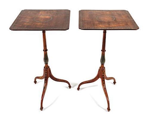 A Pair of George III Painted Satinwood Candle Stands Height 28 1/2 x width 15 3/4 x depth 15 3/4 inches.