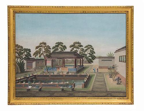 A Set of Four China Trade Paintings Height 14 1/2 x width 19 1/2 inches (visible).