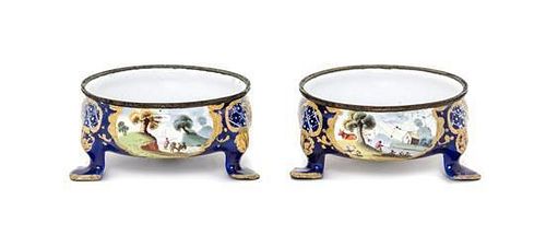 A Pair of English Enameled Salts Diameter 3 inches.