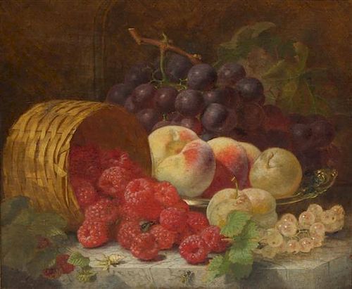 Eloise Harriet Stannard, (British, 1829-1915), Peaches and Grapes on Silver Tray with Raspberries Falling from Basket, 1880