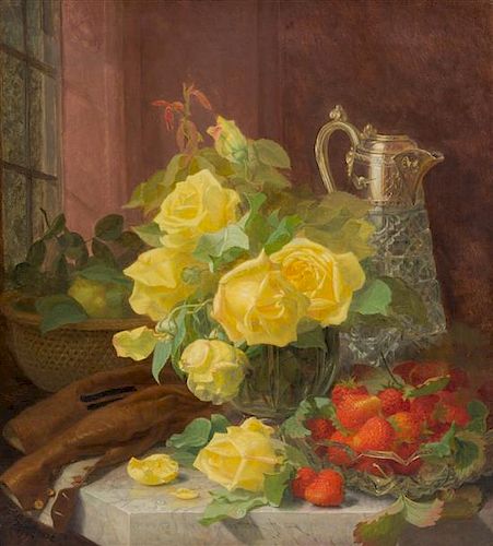 Eloise Harriet Stannard, (British, 1829-1915), Yellow Roses and Strawberries, 1887