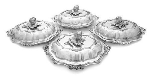 A Set of Four English Silver-Plate Entree Dishes and Covers, 20th Century, the covers engraved "Arch. de M" and with artichoke f
