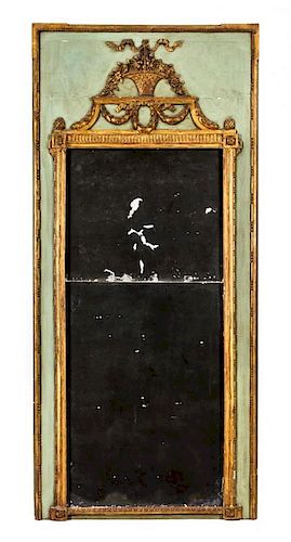 A Louis XVI Painted and Parcel Gilt Trumeau Mirror Height 79 x width 36 1/2 inches.