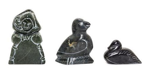 Three Inuit Stone Sculptures Height of first 5 1/4 inches.