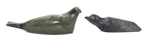 Two Inuit Stone Sculptures Width of first 9 1/2 inches.