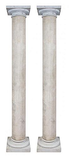 A Pair of Travertine Marble Columns, Height 102 x diameter 17 inches.