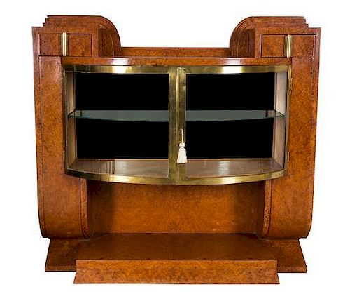 A French Art Deco Amboyna Side Cabinet, Height 47 x width 51 1/2 x depth 18 inches.