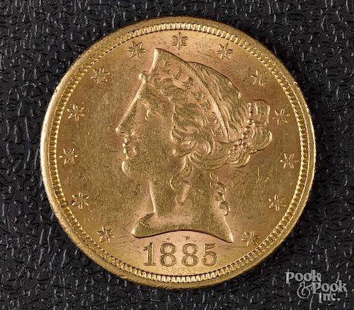 US 1885 five dollar liberty eagle gold coin.
