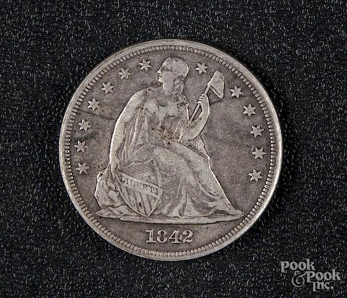 US 1842 Seated Liberty silver dollar.