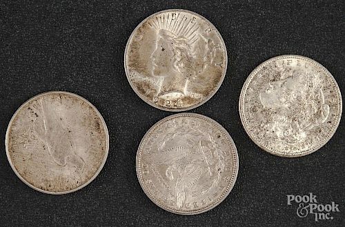 Two US Morgan silver dollars, etc.