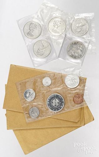 Five 1963-1966 Canadian silver dollars, etc.