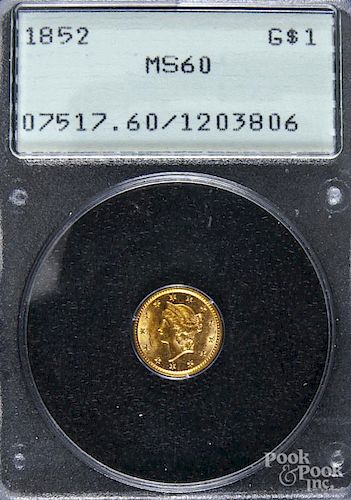 US 1852 one dollar gold coin, PCGS MS60.