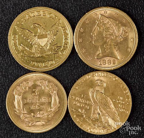 Three US five dollar gold coins, etc.