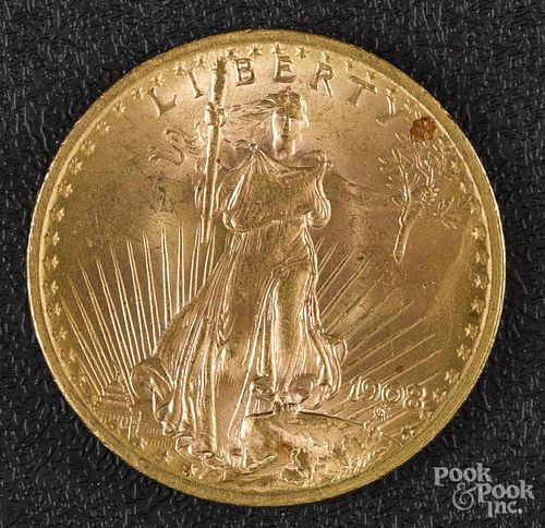 US 1908 St. Gaudens twenty dollar gold coin.