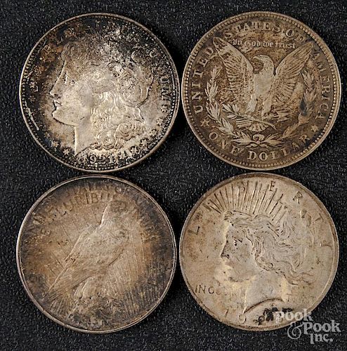 Two Morgan silver dollars, etc.