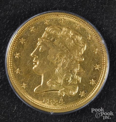 US 1834 five dollar gold coin, PCGS AU55.