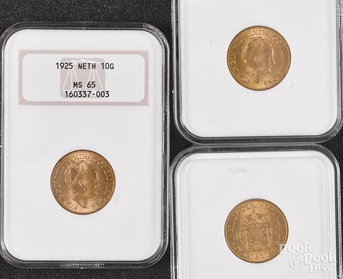 Three Netherlands gulden gold coins