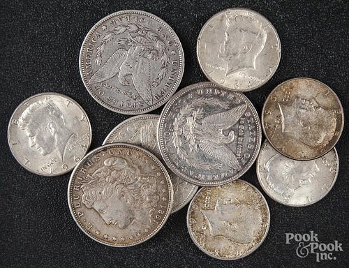 Four Morgan silver dollars, etc.
