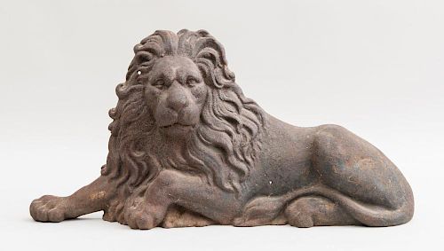 ENGLISH CAST IRON HALF-FIGURE OF A RECUMBENT LION