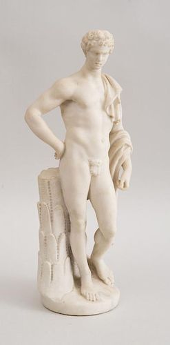 CARVED WHITE MARBLE FIGURE OF A CLASSICAL ATHLETE, AFTER THE ANTIQUE