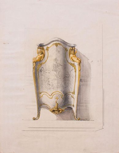 FRENCH SCHOOL: DESIGN FOR HANGING LIGHT FIXTURE; DESIGN FOR FIREPLACE SCREEN; AND DESIGN FOR CANDELABRA AND TWO FOOTED BOWLS