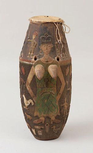INDIAN CARVED AND PAINTED HARDWOOD DRUM