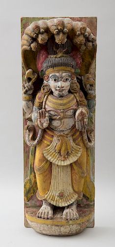 INDIAN CARVED AND PAINTED WOOD FIGURAL PILASTER
