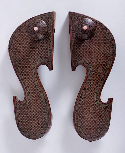PAIR OF INDIAN BRASS-INLAID WOODEN CLOGS, RAJASTHAN