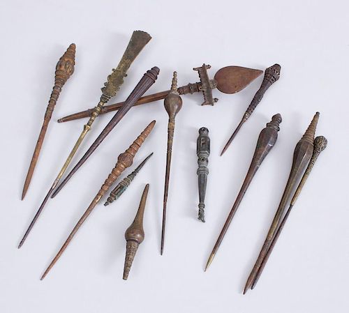 GROUP OF SEVEN INDIAN BRONZE AND METAL STYLUSES, ORISSA