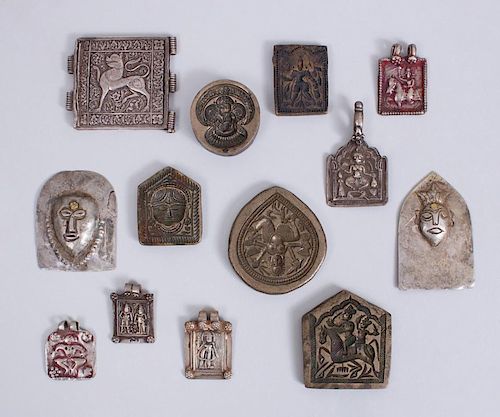 GROUP OF THIRTEEN INDIAN SILVERED-METAL AND METAL SEALS AND PENDANTS