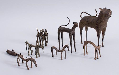 GROUP OF FIVE INDIAN BRONZE AND METAL ANIMALS, ORISSA