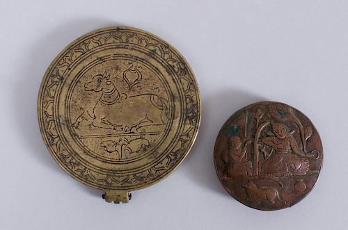 TWO INDIAN BRASS AND COPPER MIRROR CASES, RAJASTHAN