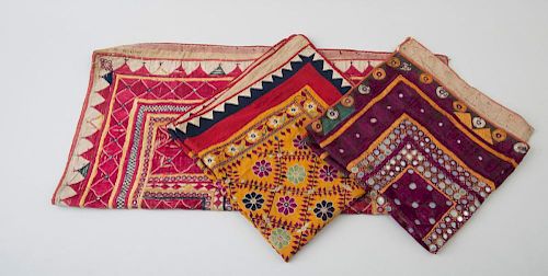 THREE INDIAN EMBROIDERED COTTON SQUARE PANELS WITH MICA CHIPS
